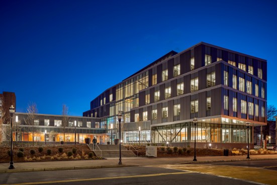 Evening view of Pulichino Tong Business Center at UMass Lowell