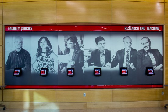 Faculty Stories
Accompanied by six iPads – one for each faculty member – this display shows a cross-section of Nebraska’s diverse and accomplished group of professors in research. The digital elements allow users to scroll through biographical information and academic publications. 
