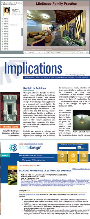 InofmeDesign's three ways to learn about research: webcasts, suitable for CEU credits; summaries of academic articles; and newsletters that cover one design topic each month.