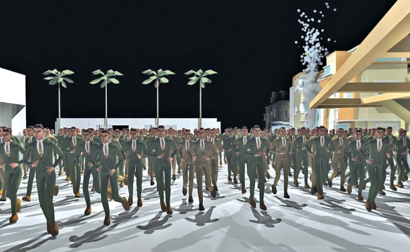 Each member has been created to react individually to his neighbor's actions and the ever-shifting dynamic. The environment, too, has been made as realistic as possible, from the way the fire burns to the types of materials the buildings are made of.