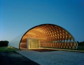 The “Dog Pound,” completed this summer, typifi es the new scale and ambition of the Rural Studio. The as-yet-unopened animal shelter consists of a lamella roof curved over animal holding areas, polished-concrete dog runs, and freestanding metal-clad offices (one is shown opposite) for reception and medical treatment. Freear enlisted structural experts to advise on the project, an approach that enables greater complexity.