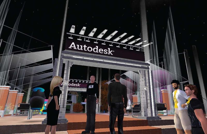 The entrance to Autodesk island beckons on Second Life. You-or, rather, your avatar-can collect information on Autodesk products (via billboards such as the one above center) and use Autodesk's meeting spaces to engage in realtime discussions on design trends. Autodesk's Second Life island has been open since May, and some architects have begun to use the space to meet with clients.