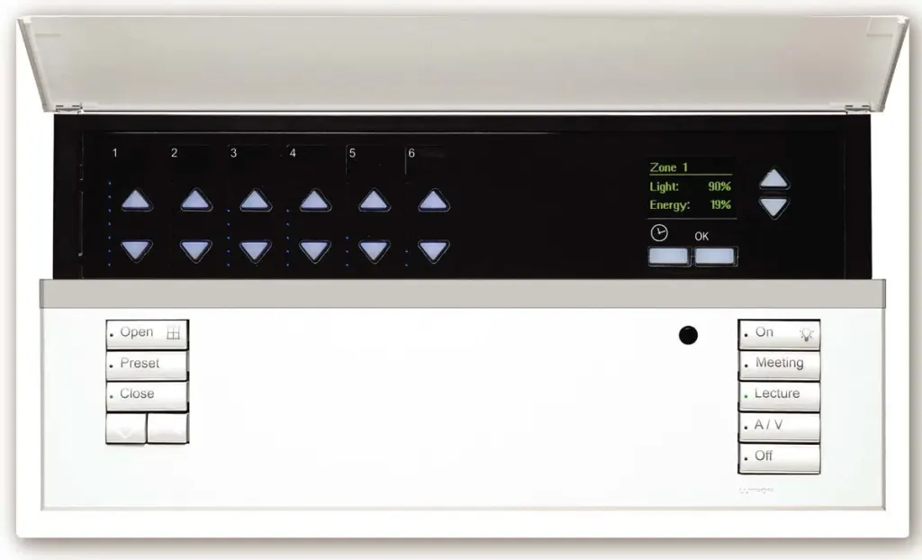 GRAFIK Eye QS controlsLutronwww.lutron.com

Preset system operates lights and shades - Backlit buttons and large information display - Energy savings indicator - Built-in time clock - Direct connection to occupancy sensor - Can dim lights to specific preset levels - Connection to shades and A/V devices without an interface - Selectable number of shade zones 39 colors and finishes