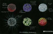 The blackboard rendering shows thumbnail drawings of various ball animations for the Times Square New Year's Eve Ball. The ball features 672 individual crystal triangles that are each backlit by 12 LEDs, three each of red, green, blue, and white.ENLARGE IMAGE