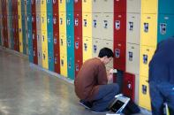 A student stops by his locker at the Miguel Contreras Learning Complex, a high school in west central Los Angeles that opened its doors in September 2006. Designed by Johnson Fain as an "urban village" surrounding a central courtyard, the school has 2,500 students, many of whom had previously been bused to schools outside their neighborhoods because of systemwide overcrowding.