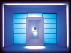 The entrance to the Lighting Academy is bathed in a blue hue at Villa La Sfacciata, which is where the Targetti Foundation is headquartered in Florence, Italy.
