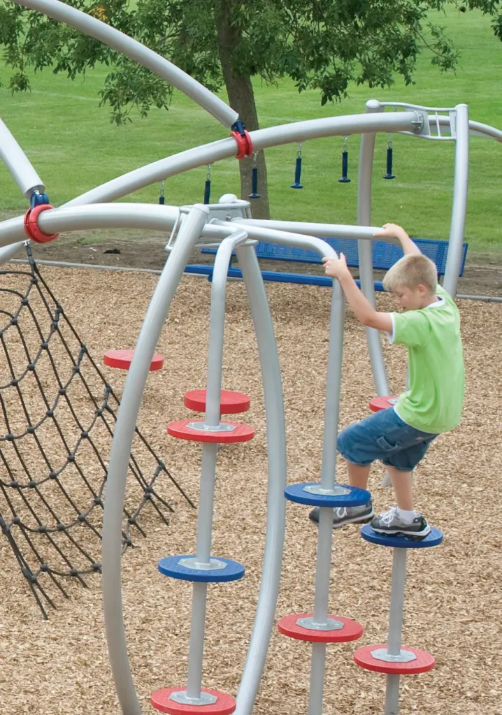 Fusion

Xccent

www.xccentplay.com

Play equipment featuring nonlinear construction unlike traditional deck-based systems - Children are visible at all times and can move easily from one play feature to another - Options include a clear rock wall, a wiggle walk, spinning rock poles, and a vine climber (shown)