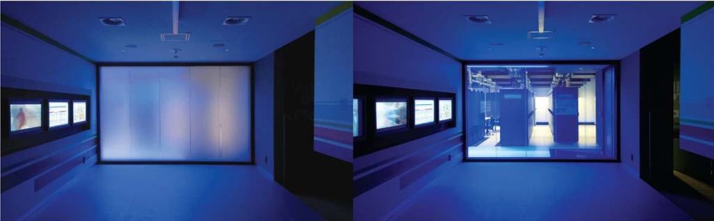 Priva-Lite glazing

Saint-Gobain Glass

privalite.com

Switches from clear to translucent at the flick of a switch



Composed of two sheets of glass and a liquid crystal film



Can be used as exterior or interior glazing



Available in different types of glass: laminated, insulated, double-glazed with reinforced thermal insulation, solar control, sound proofing, double-glazed with fire protection, curved, silk screen, and acid etched