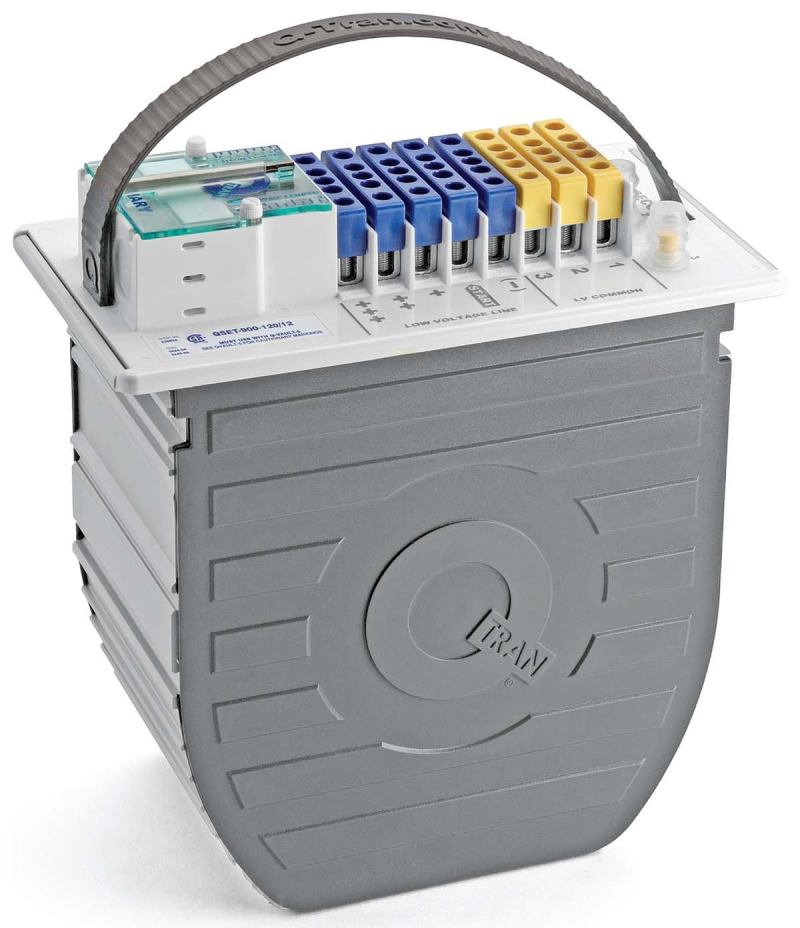 Q-Set Luminaire Power Supply CenterQ-Tranq-tran.com

Transformer has three UL listings: landscape lighting, pool and spa lighting, and low-voltage luminaire power supply - Nine halogen wattage options and two LED wattages in dimmable or switched models - Shaped for easy changes indoors or outside and above- or in-ground - Q-Vault gives out-of-the-box waterprooging and easy in-ground access - Q-Wall encloses wiring in a wall mount - Q-Wire and Q-Two connectors ensure waterproof wire runs