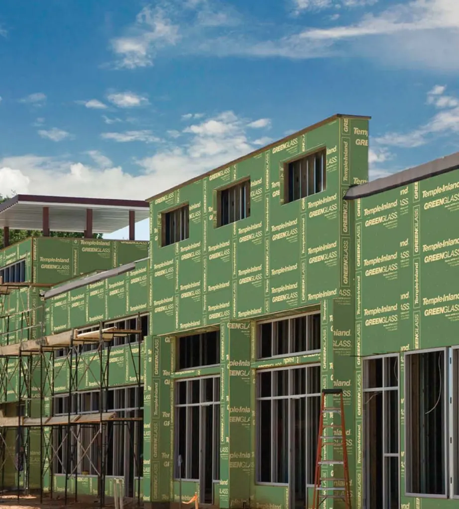 GreenGlass gypsum

Temple-Inland

www.templeinland.com

Fiberglass-faced gypsum sheathing



Up to 90 percent recycled content



Can be installed under a variety of exterior veneers, including brick, stone, metal, wood, vinyl, and various curtain-wall systems



Available in both a ½-inch-thick standard core version and a 3-inch-thick



Type X fire-resistant gypsum board core