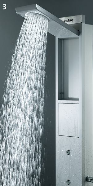 Skyline shower panel

Hansgrohehansgrohe-usa.com

Dual, fold-away showerheads; a cylindrical hand shower; and five body sprays are pre-plumbed into this shower panel - Anodized aluminum panel - Showerheads use Hansgrohe's Raindance technology - Hand shower is an Axor Starck fixture - Foldable footrest in base - Thermostatic temperature control plus two volume controls - Hangs on finished wall