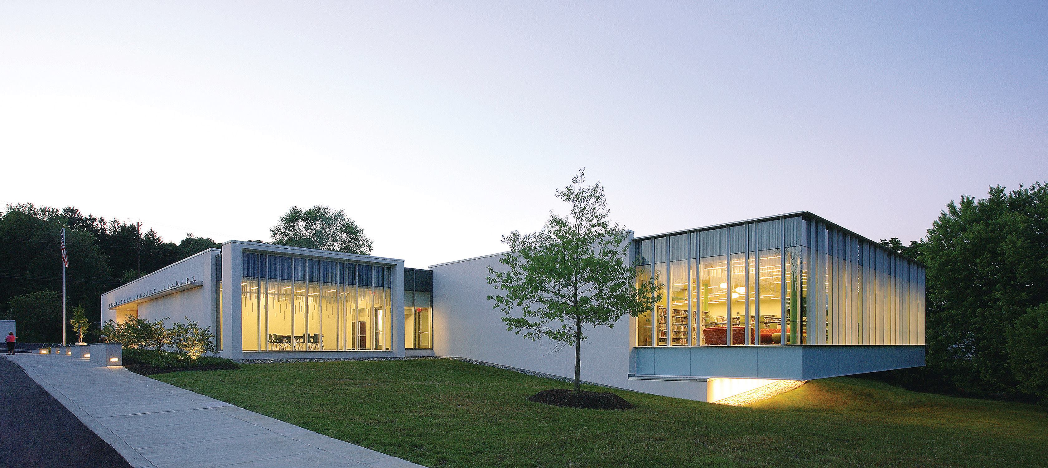 Highlighting the cantilever of the new children’s reading room at the Hockessin Public Library is a metal halide wall washer mounted on the underside of the cantilever and directed at the foundation wall. “There is a very nice architectural effect to it,” says ikon5 principal Joe Tattoni, “but it was added for very practical security reasonsnamely, keeping local teens from using the space as an after-hours hangout.