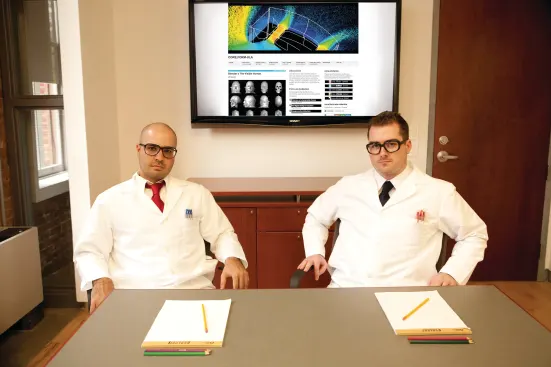 Ajmal Aqtash (left), 31, and Richard Sarrach, 34—shown here in a classroom at Pratt Institute, where both are instructors—work and play in the academic and professional realms of architecture. Their website does the same.