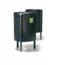 Manufactured by Onadis of Spain and distributed in the U.S. by Magnuson Group, Recicla standing waste receptacles are constructed from Syntrewood, 100% recycled material made primarily from plastic. The material is pressed into thick, curved panels and round legs, which are then bolted together to form the three-legged round bin. A water-based dye gives the Recicla its dark green-gray color. Heavy-duty waste bags are secured by an internal metal ring. The bin stands 31-1/2" tall and can hold up to 21 gallons of waste. A 31-15/16"-square surface space can be set aside for advertising. Kits are available for securing the bin to soft surfaces, as at beaches or playgrounds. magnusongroup.com