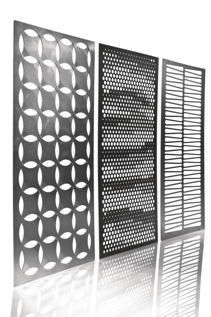 The Screens collection by Forms allows for a customized look without the budgetary or logistical constraints of custom work. Designed for exterior and interior applications, Screens can be used as room dividers, wall panels, windscreens, fencing, and more. The material may be specified in any sheet up to 48" by 96" in stainless steel or any of Forms proprietary Fused Metals (bronze, graphite, nickel silver, or white gold) in one of many standard colors. Several patterns are standard, including Circa, which gives the appearance of woven metal, and Kente, which looks like a traditional African textile. Custom effects can be created by layering multiple Screens; pairing different materials with Screens; or using an Eco-Etch photolithographic bead-blasting finishing system. forms-surfaces.com