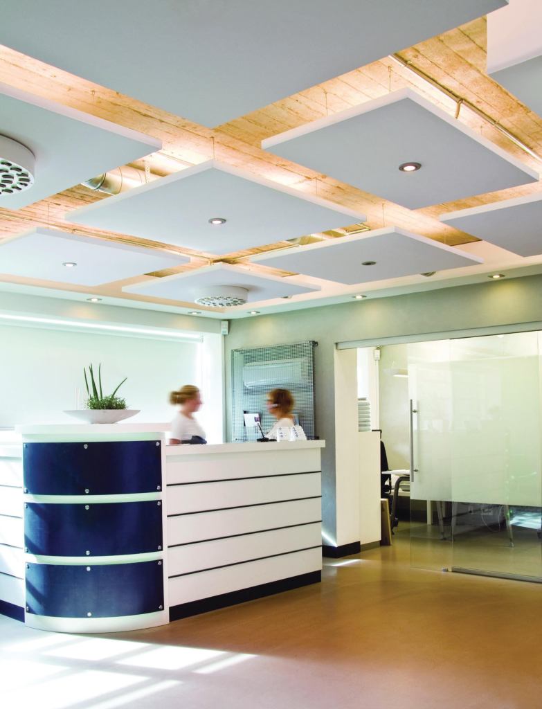 Ecophon Master Solo S suspended ceiling panels from CertainTeed contain 75% recycled content, have Class A sound absorption, and feature painted edges for a floating-ceiling look. The panels are hung by ceiling wires fastened to suspension anchors, which are screwed in near the center of the panels unexposed sides. Made from high-density fiberglass, the panels accommodate a variety of lighting systems and have a noise reduction coefficient of 0.95. The visible surface of each panel has an Akutex FT finish, which offers 85% light reflectivity and 99% light diffusion. The ceiling panels are available in nominal sizes of 48" by 48" and 48" by 96". certainteed.com