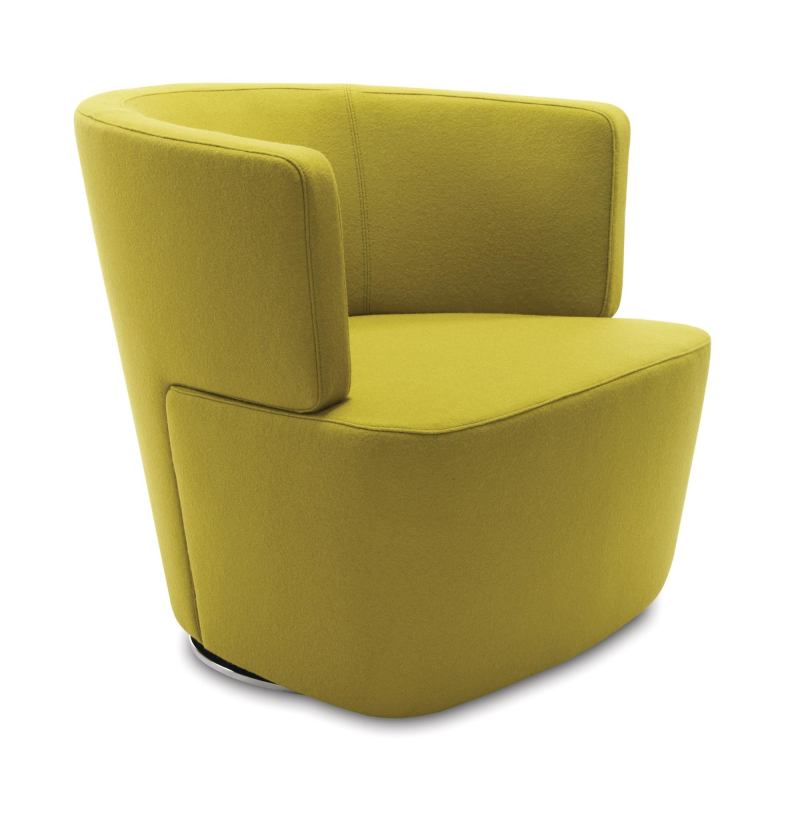 A modern reinterpretation of the club chair, Joel, distributed by Coalesse, encourages sociability, dialogue, and decision-making in a variety of live-work settingsfor example, in a lobby or as a guest chair. Designed by Eoos for Walter Knoll, the chair features double-needle stitching along the back and two-piece construction. It has an integrated swivel return mechanism allowing users to pivot easily and then automatically return the chair to its original position. The base comes in a highly-polished, environmentally friendly trivalent chrome finish. Built to order in six weeks, it comes in a wide variety of fabric and leather options. The chair measures 29" deep by 30-1/4" wide by 27-1/2" tall. coalesse.com