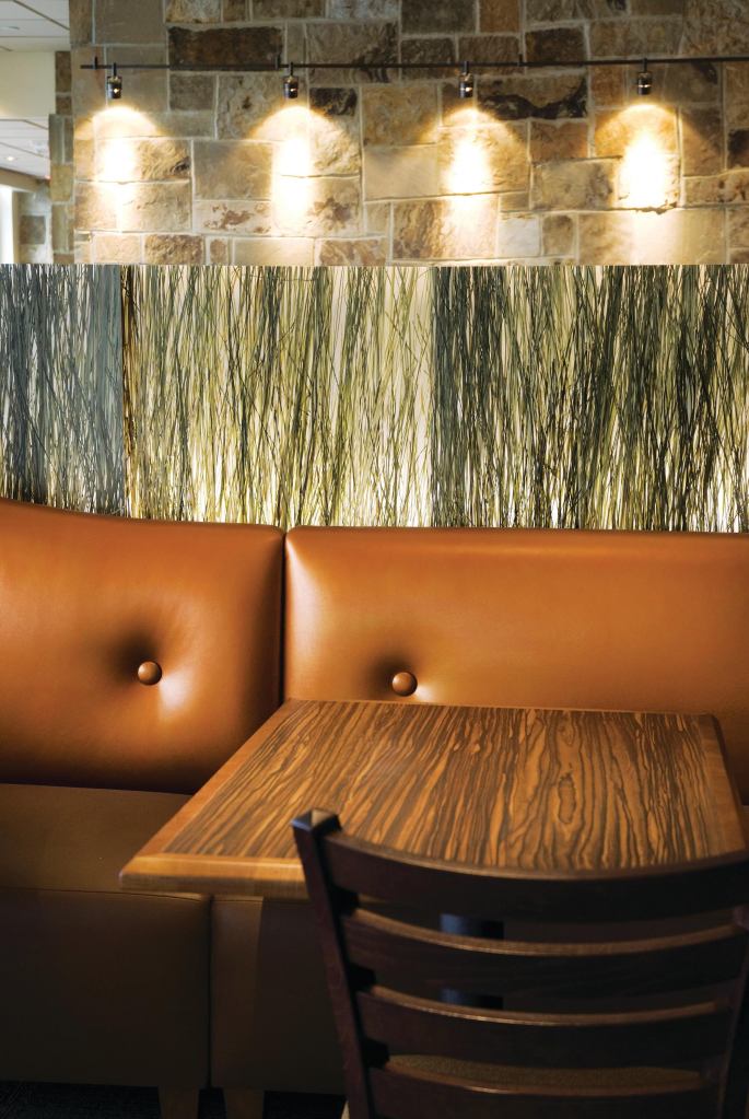The Veritas Botanical Series of decorative Resinart panels features PureColor technology, flexible hardware systems, and precise fabrication. Texture, interlayer, and color options, such as the Savannah 1/4" panels (shown), offer customization for creating the most appropriate panel for such commercial installations as healthcare, hospitality, retail, education, and office space. Seven hardware systems offer solutions that can join, suspend, or render forms movable within ceiling panels, feature walls, balustrades, and furniture. Veritas panels are GreenGuard certified for indoor air quality. veritasideas.com