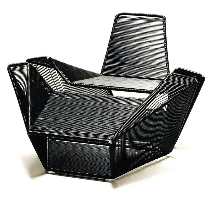 A reinterpretation of 1950s-style outdoor furniture, the Vari chair and foot stool from Henry Hall Designs are made of weather-resistant AISI 316 electropolished stainless steel, wrapped in black, white, red, blue, or green cord. The chair measures 46-1/2" wide by 35-1/2" deep by 28-3/4" tall and weighs 40 pounds. The stool is 46-1/2" wide ¨by 32-1/2" deep by 21-1/2" tall and weighs 26-1/2 pounds. The chair can be speced with a 1" knife-edge seat cushion only or with a 1" knife-edge seat and back cushion, and the stool can also be made with a cushion. The set was designed by Hector Esrawe. henryhalldesigns.com