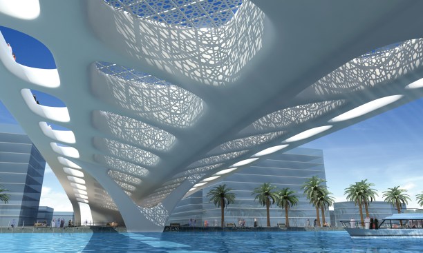 The bridge's filigreed surface from beneath.