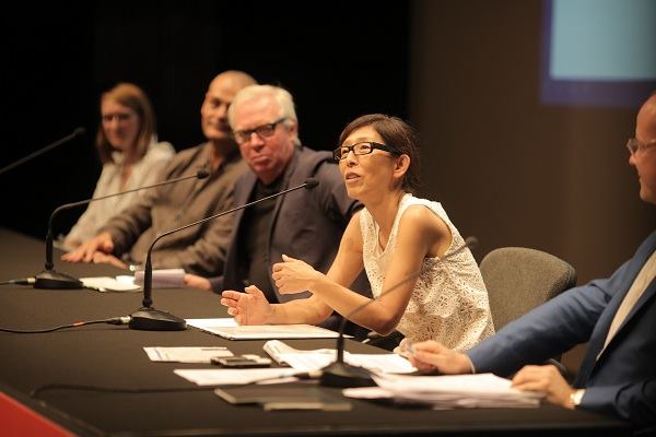 Public panel discussion on mentoring in architecture from the Venice Architecture Biennale. Left to right: Alison Crawshaw, Sahel Al Hiyari, Sir David Chipperfield, Kazuyo Sejima, Hans Ulrich Obrist (moderator).