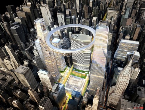 An aerial view of SOM's proposal for Grand Central Station.
