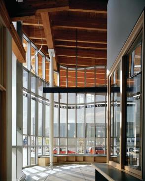 Large exterior windows and high ceilings at the Ballard Branch Library help increase daylighting.