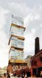 Exterior rendering, showing tower emerging from reclaimed wine storage building.