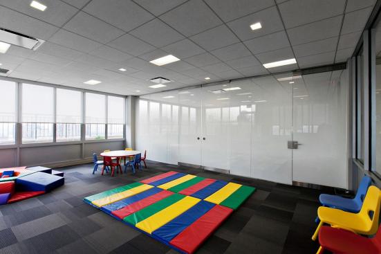 Partition wall and doors in ViviGraphix Gradiance glass with Scatter interlayer and Standard finish at Gracie Mews Pool & Health Club, New York, New York