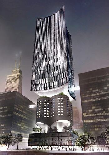 A proposed compromise by Studio Gang Architects that would preserve the Prentice Women's Hospital design while accommodating a new research tower for Northwestern.