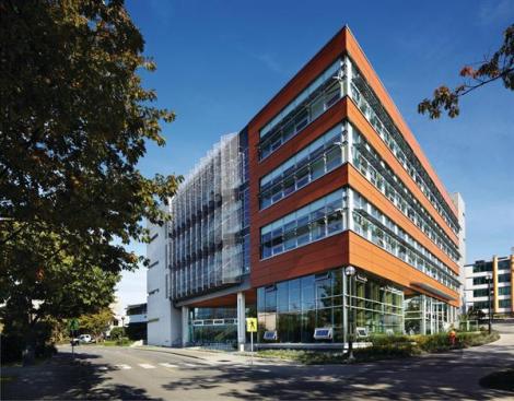 CIRS?s southwest corner features a glass-enclosed water treatment plant and bioswale.