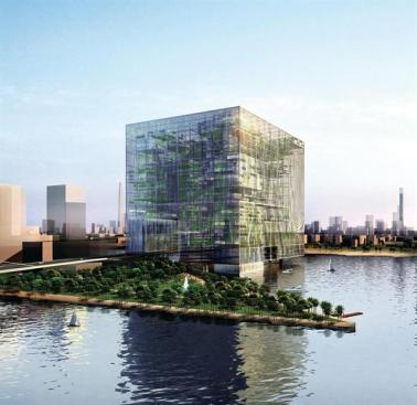 Situated in a cove on the Dubai waterfront, the Matrix Gateway Complex is a 180-meter mixed-use cube that rests above the water and in between two landmasses. A road passes through the center of the mega-building, and boats can pass under the exterior walls of the cube, which is adjacent to a 1-million-square-foot park.