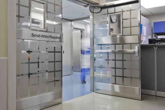 Stainless Steel Doors in Mirror Finish with ECO204D Eco-Etch pattern at UCSF Medical Center at Mount Zion, San Francisco, California