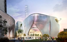 Street level view of Xiqu Centre in relation to piazza