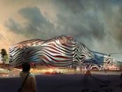 The Petersen Automotive Museum for Los Angeles, designed by Kohn Pedersen Fox Associates. Rendering looking east.