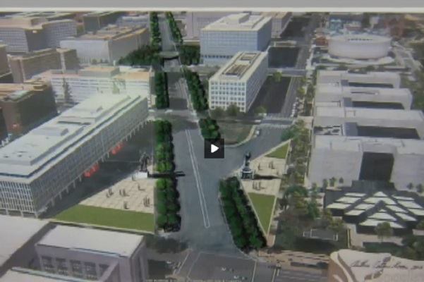 A screenshot of Arthur Cotton Moore's own design for the Dwight D. Eisenhower Memorial, which he presented during his testimony before the House Subcommittee on Public Lands and Environmental Regulation. The rendering shows heroic statues of President Eisenhower and Supreme Allied Commander Eisenhower flanking Maryland Ave. SW.