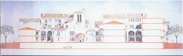 The judges approved of the Mansion Condominiums asymmetrical elevations. Turrets, arched windows, balconies, and varying roof heights lend authenticity to the projects fictional history as three large houses subdivided over time.