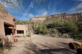 Front view of Casita with Bandenberg backdrop.