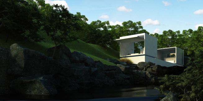 Minimalist weekend house is set in a serene calm environ amidst the mountains