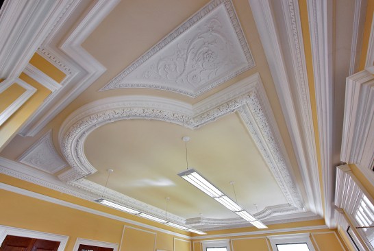 Restored ballroom plaster ceiling