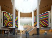 SFMOMA's new Snøhetta-designed stair from the Third Street entrance, with previous atrium art installation by Sol LeWitt.