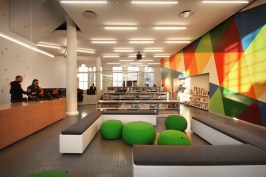 Circulation desk, and group lounge area.