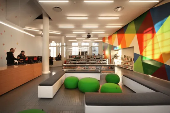 Circulation desk, and group lounge area.