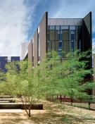 Color-coded courtyards, inviting landscaping, and double-height student lounges foster a sense of community and an approachable scale within this large campus housing project at Arizona State University.