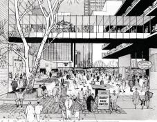 Street-level+rendering%2c+showing+pedestrian+bridges+and+parking.