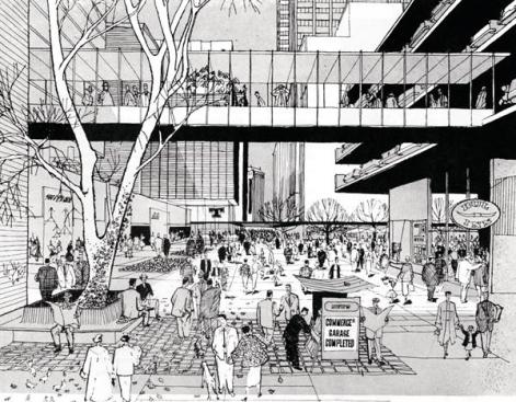Street-level+rendering%2c+showing+pedestrian+bridges+and+parking.