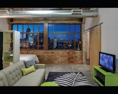 Lowered window sills offers views of the city skyline.