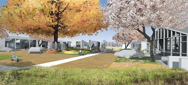 The neighborhood is based on the socially rich Dutch living street, where shared streets are designed as multipurpose spaces that include parking, playgrounds, gathering places, and landscape systems.