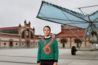 Andrés Jaque poses in front of his firm's “Escaravox” project. Jaque purchased a series of winged rolling irrigation platforms, added speakers, wiring and lighting, and staged them in a public square in Madrid. Musicians, DJs, writers, and actors used them to plug in equipment and hold impromptu readings and performances.