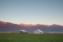 The sloped roofline of the farmhouse echoes that of the nearby barn.